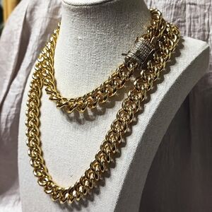 Cuban Chunky Heavy Link Gold Tone Chain Necklace Rhinestone Encrusted Box Clasp